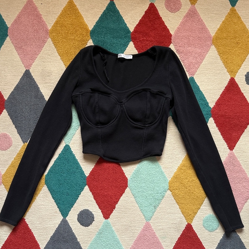 Zara Black Long-Sleeve Sculpted Bustier Crop Top - Size M